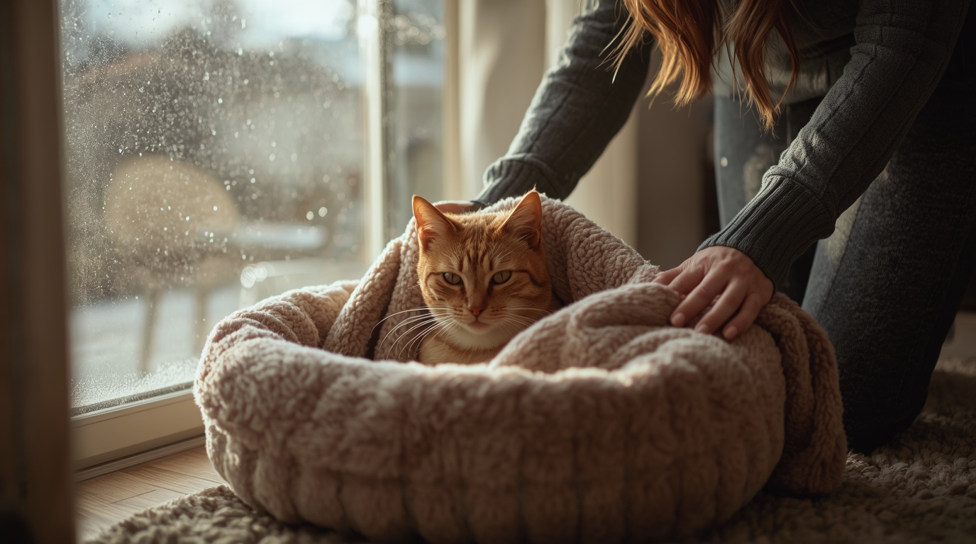 A cat owner placing thick warm blankets into a cat bed, cat care in winter